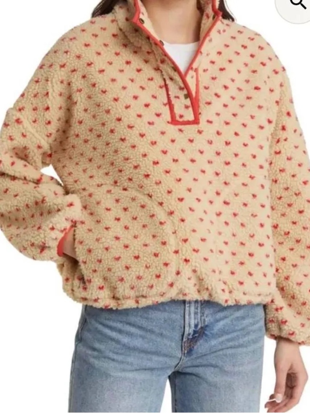 THE GREAT. Cream Sherpa Jacket pullover with Red Heart Pattern from Aritzia